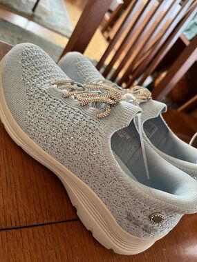 Martha Stewart Light Blue Knit Slip-On Sneakers with Crystal Chain